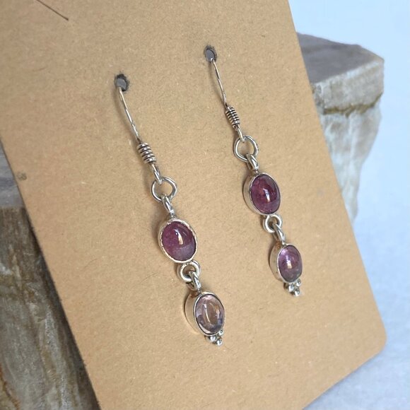 Sterling Silver 925 Dainty Oval Pink Tourmaline Multistone Dangle Drop Earrings - Picture 5 of 16